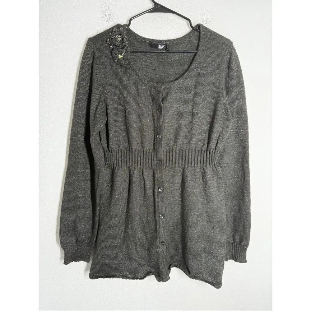 Daisy Fuentes Moda Long Sleeve Button Down Knit Cardigan Size XL Flower Trim